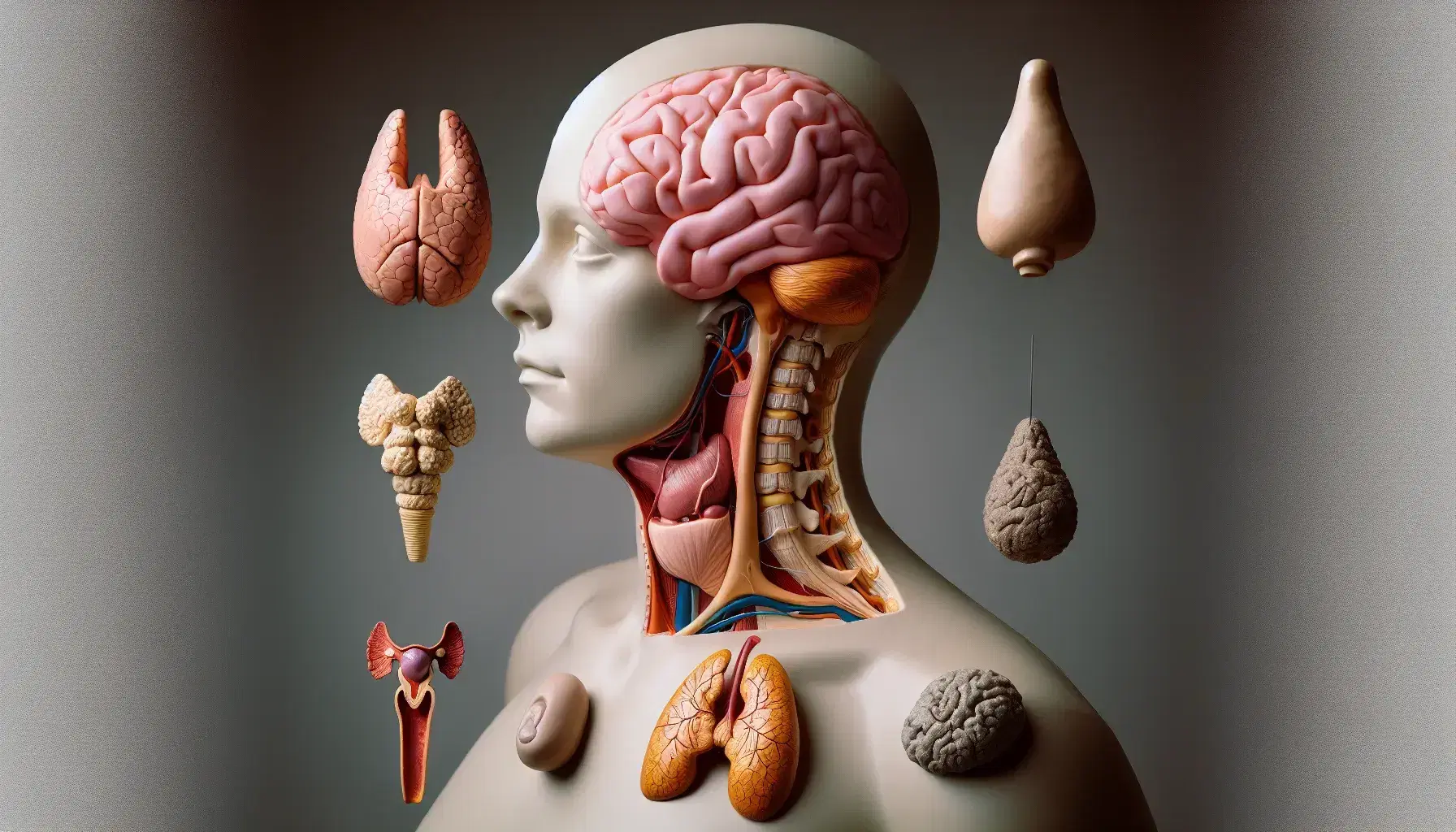 Modelo anatómico detallado de las glándulas endocrinas humanas, incluyendo cerebro con hipotálamo, hipófisis roja, glándula pineal azulada, tiroides rojiza y páncreas beige.