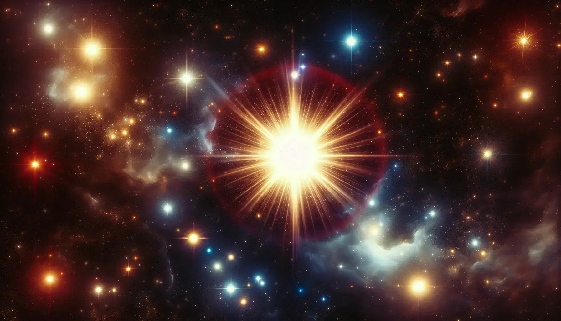Bright yellow-white star radiating intense light with smaller red to blue stars against a black space backdrop, showcasing the vastness of the universe.