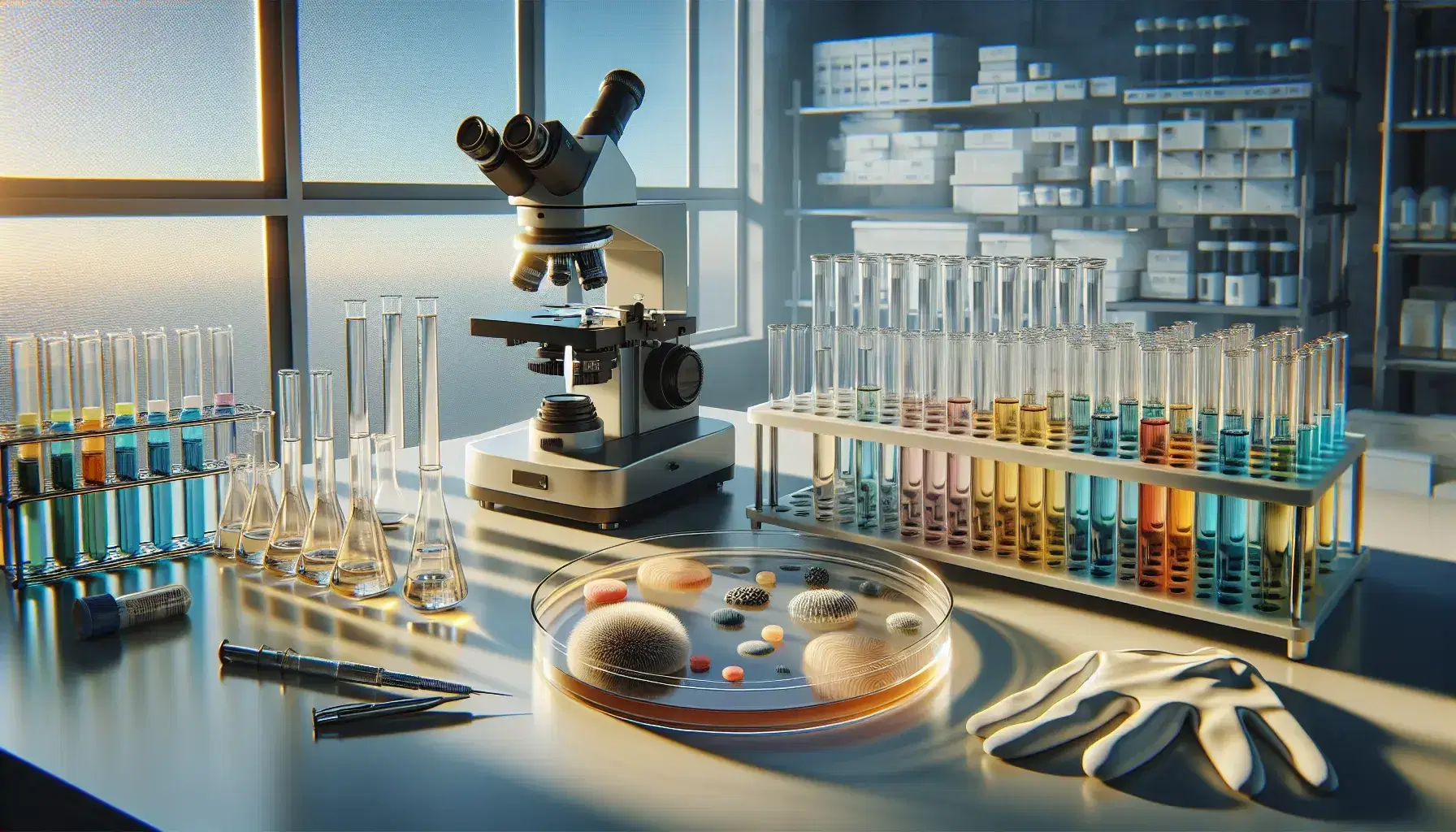 Microscopio electrónico en laboratorio de investigación biomédica con tubos de ensayo coloridos, placa de Petri con colonias bacterianas y guantes de látex, iluminados por luz natural.