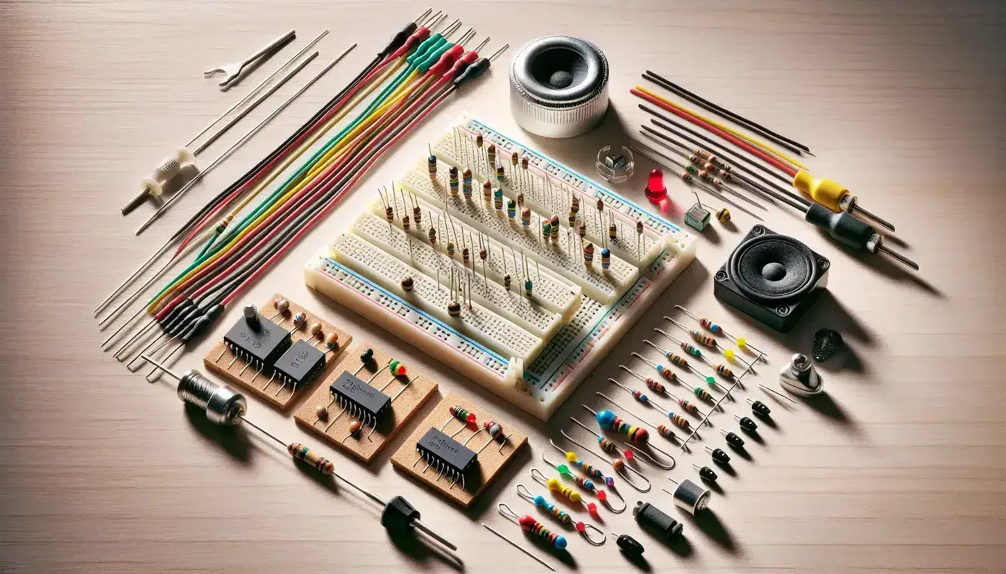 Componenti elettronici su tavola di legno con breadboard, resistenze, LED, fili jumper, motore elettrico, altoparlante e tester multicolore.