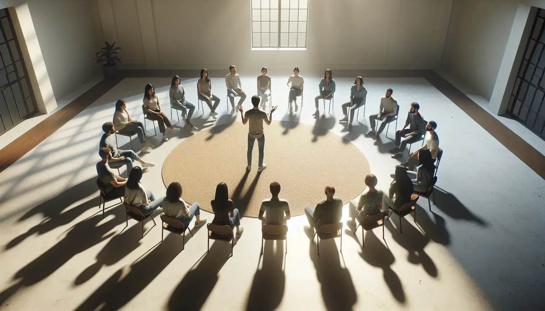Grupo diverso de personas sentadas en círculo con una persona de pie en el centro hablando, en un ambiente interior iluminado naturalmente y sin distracciones tecnológicas.