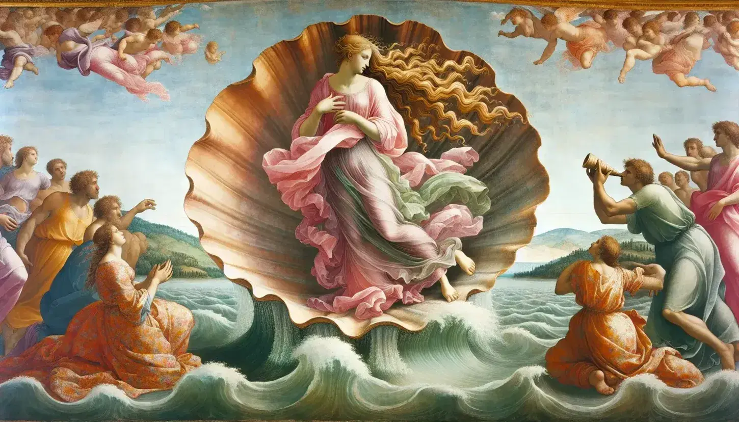 La Nascita di Venere di Botticelli, Venere su conchiglia con capelli biondi e tessuto rosa, accolta da figure su terra con cielo azzurro.