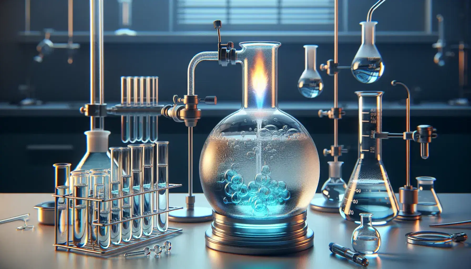 Close-up of a chemical laboratory with a blue Bunsen flame, round bottom flask connected to a condenser and assorted glassware on bench.