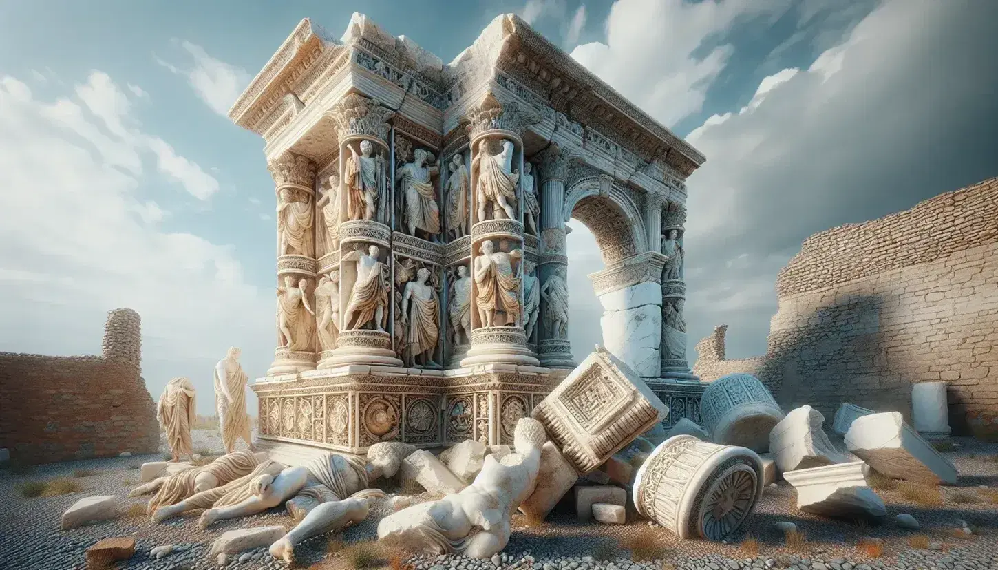 Colonna di marmo bianco con rilievi di battaglie romane, statue senza braccia e testa su ciottoli, e resti di arco trionfale.