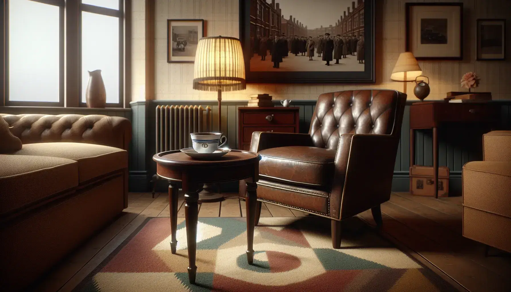 1940s British living room with worn leather armchair, wooden side table with teacup, patterned rug, vintage photo, and maroon curtain.