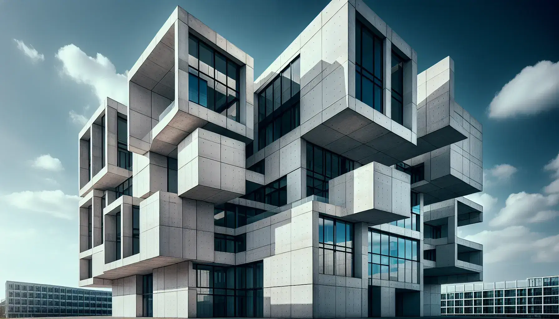 Fachada moderna de edificio con patrón geométrico de paneles de concreto y ventanas reflejando el cielo azul, destacando la arquitectura abstracta y el juego de luz y sombra.