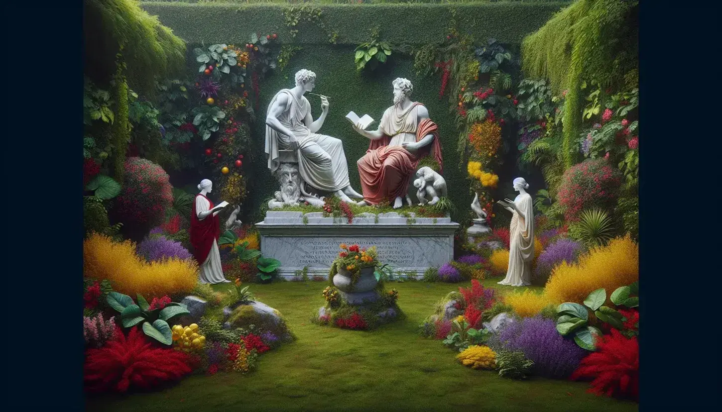Statua marmorea di filosofo stile Ovidio con pergamena e penna in giardino rigoglioso, coppia in abiti romani sullo sfondo.