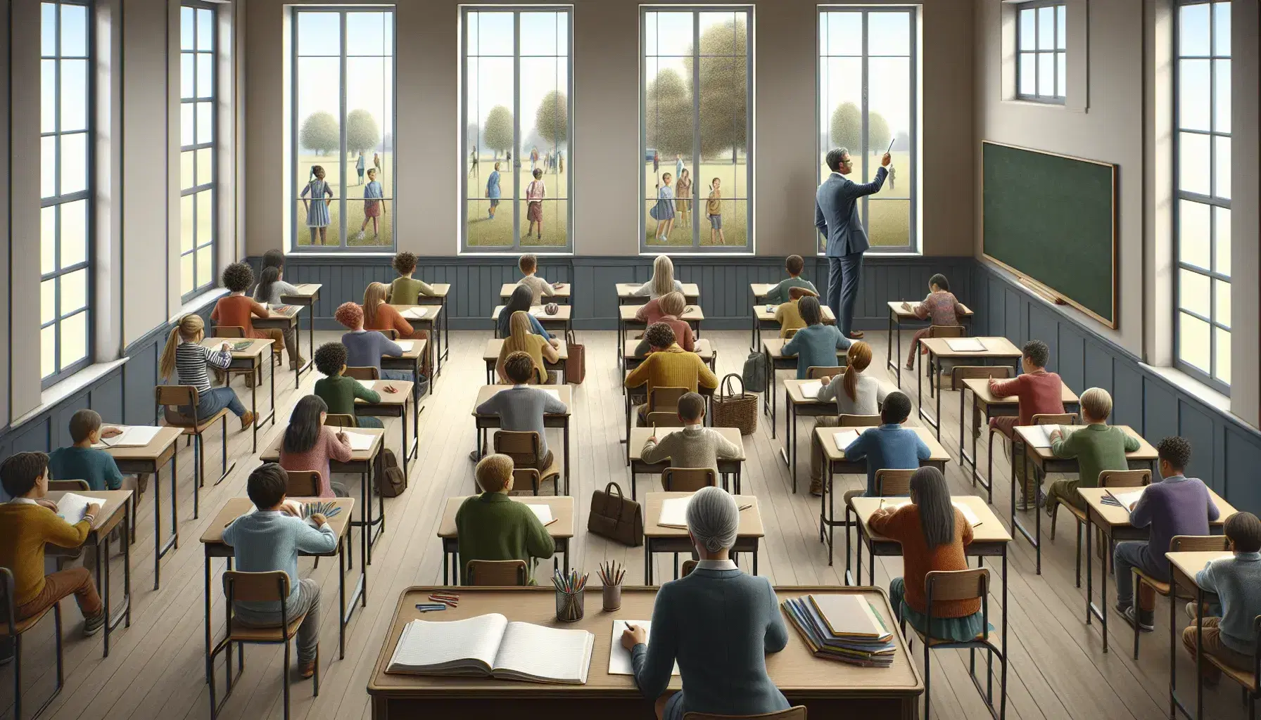 School classroom with diverse students sitting at desks with open notebooks, teacher next to blank blackboard, windows with children playing outside.