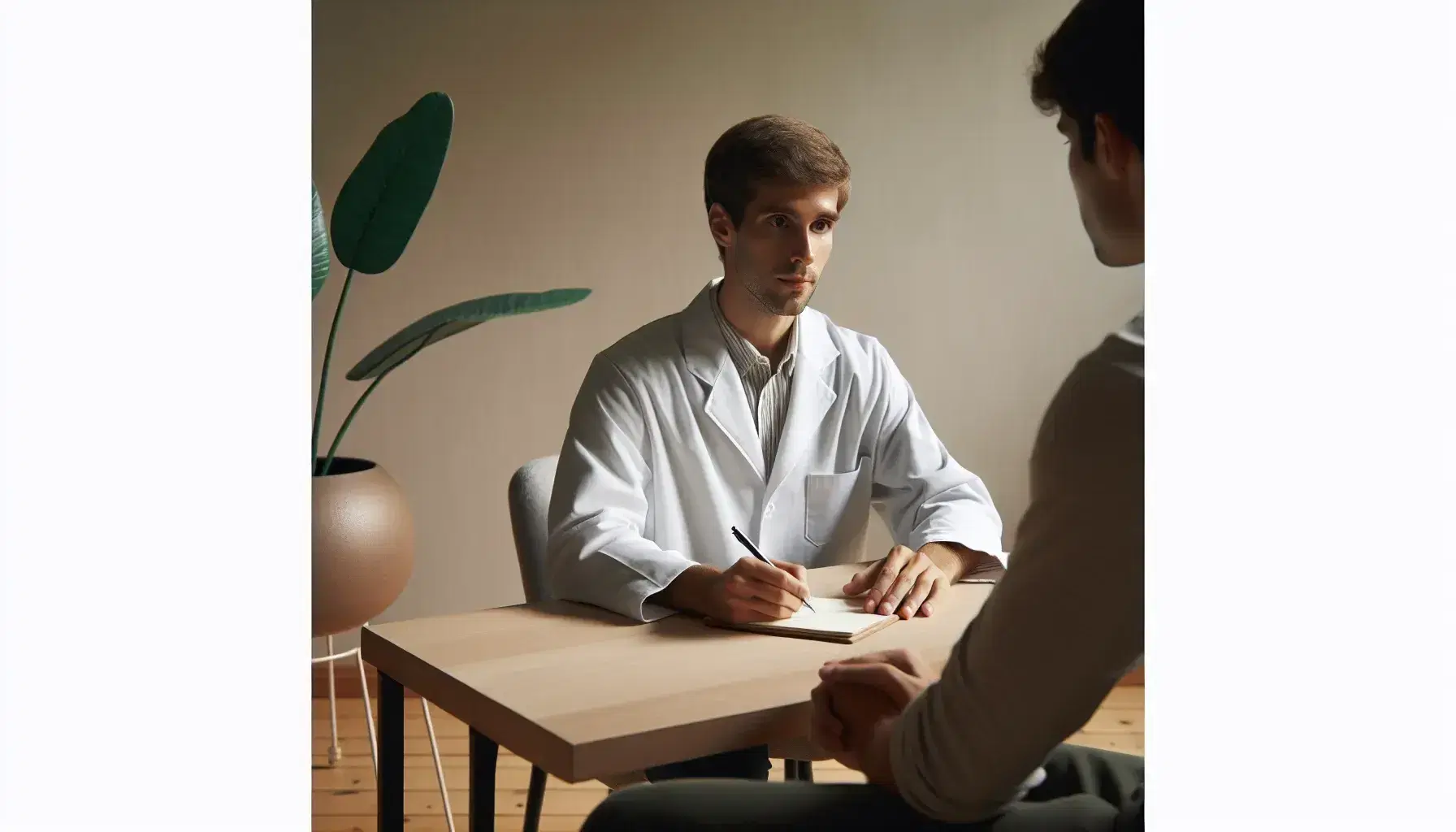 Consulta médica en oficina con doctor escribiendo en bloc de notas y paciente atento, ambiente cálido con planta decorativa.