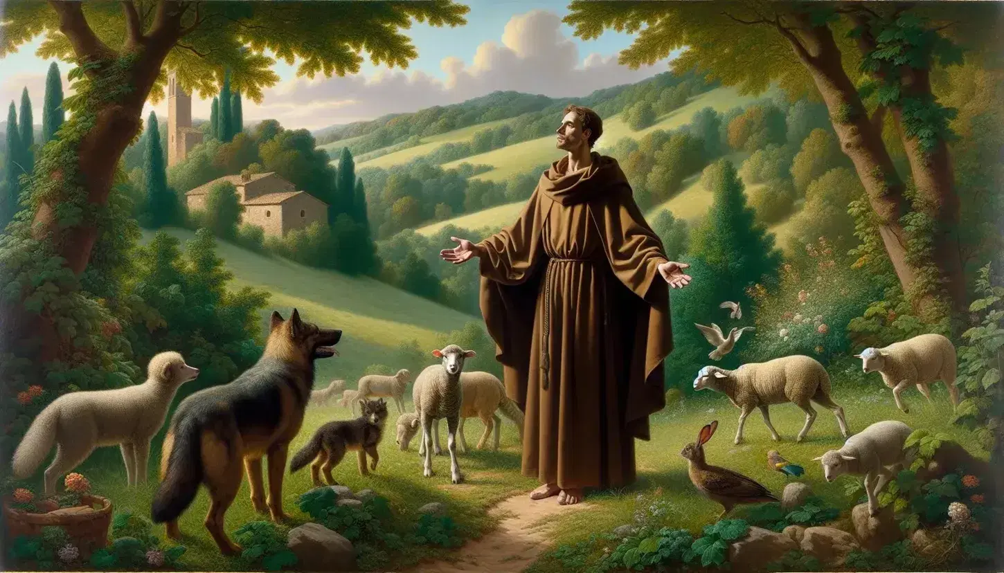 Uomo in saio con tonsura accoglie animali in campagna umbra, con chiesetta sullo sfondo e cielo sereno.
