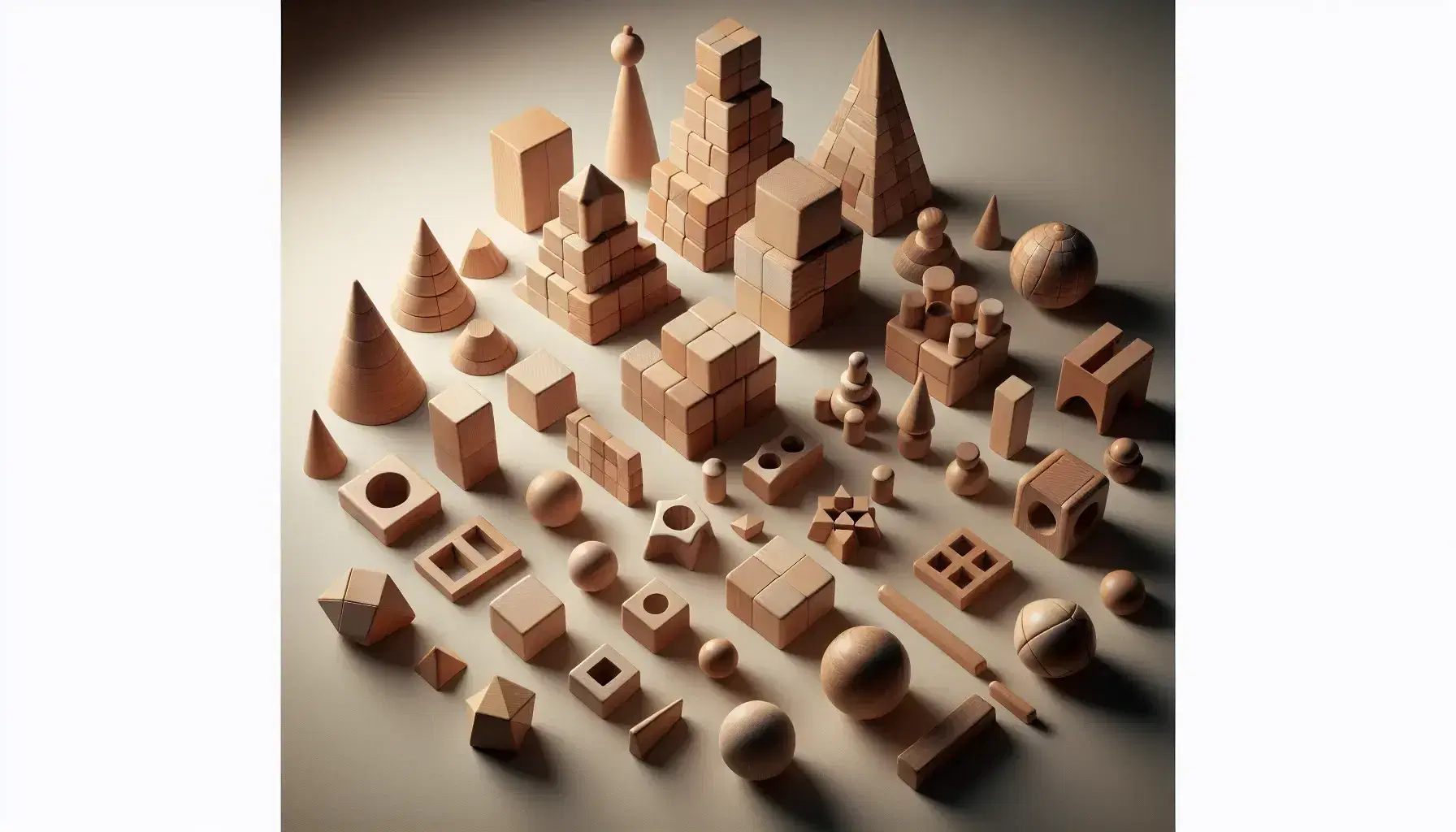 Bloques de madera en formas geométricas como cubos, esferas, conos, cilindros y pirámides sobre superficie clara.