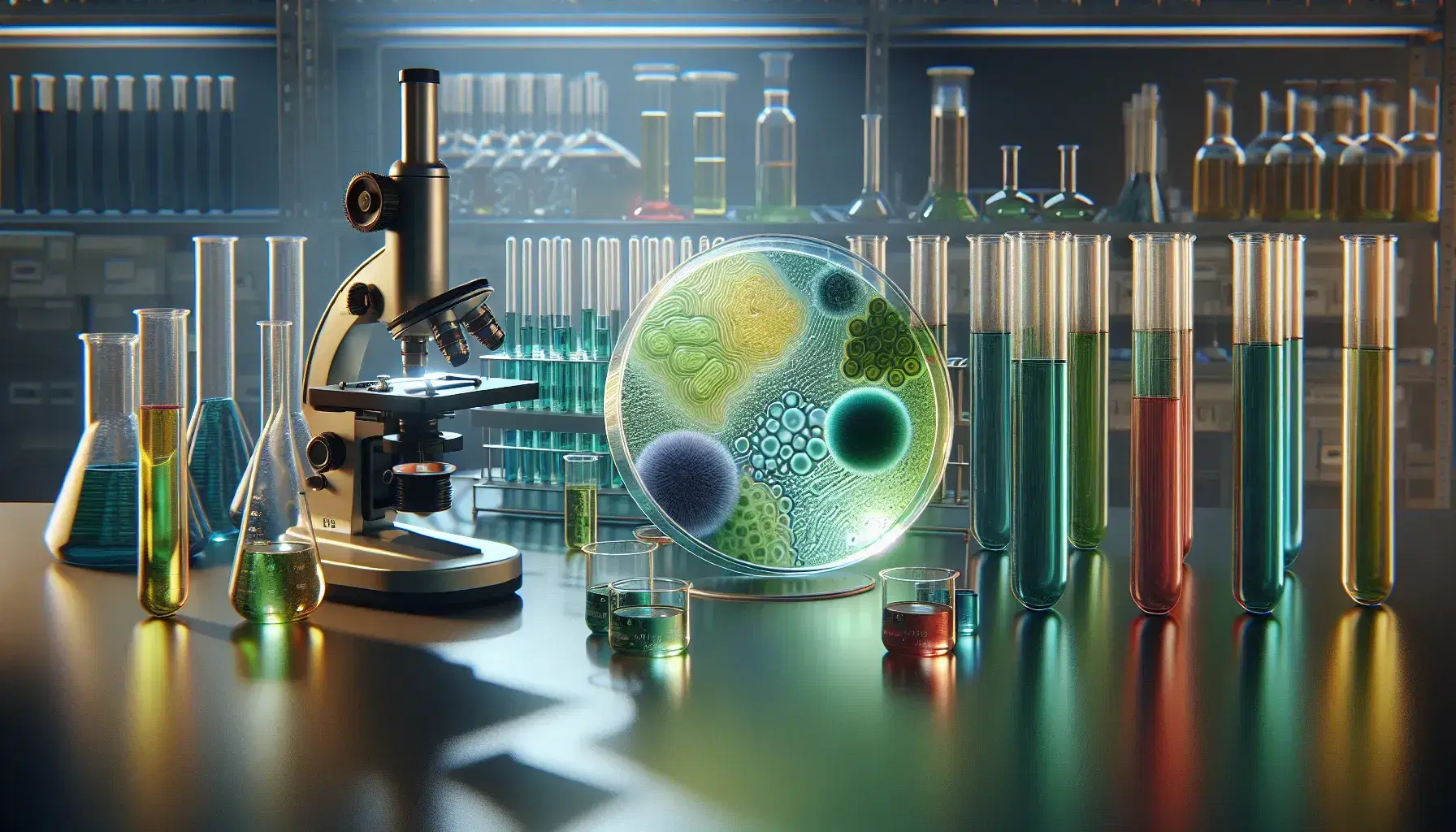Laboratory with petri dish of green bacteria, microscope ready for slide examination, and shelf with colorful liquid-filled flasks and test tubes.