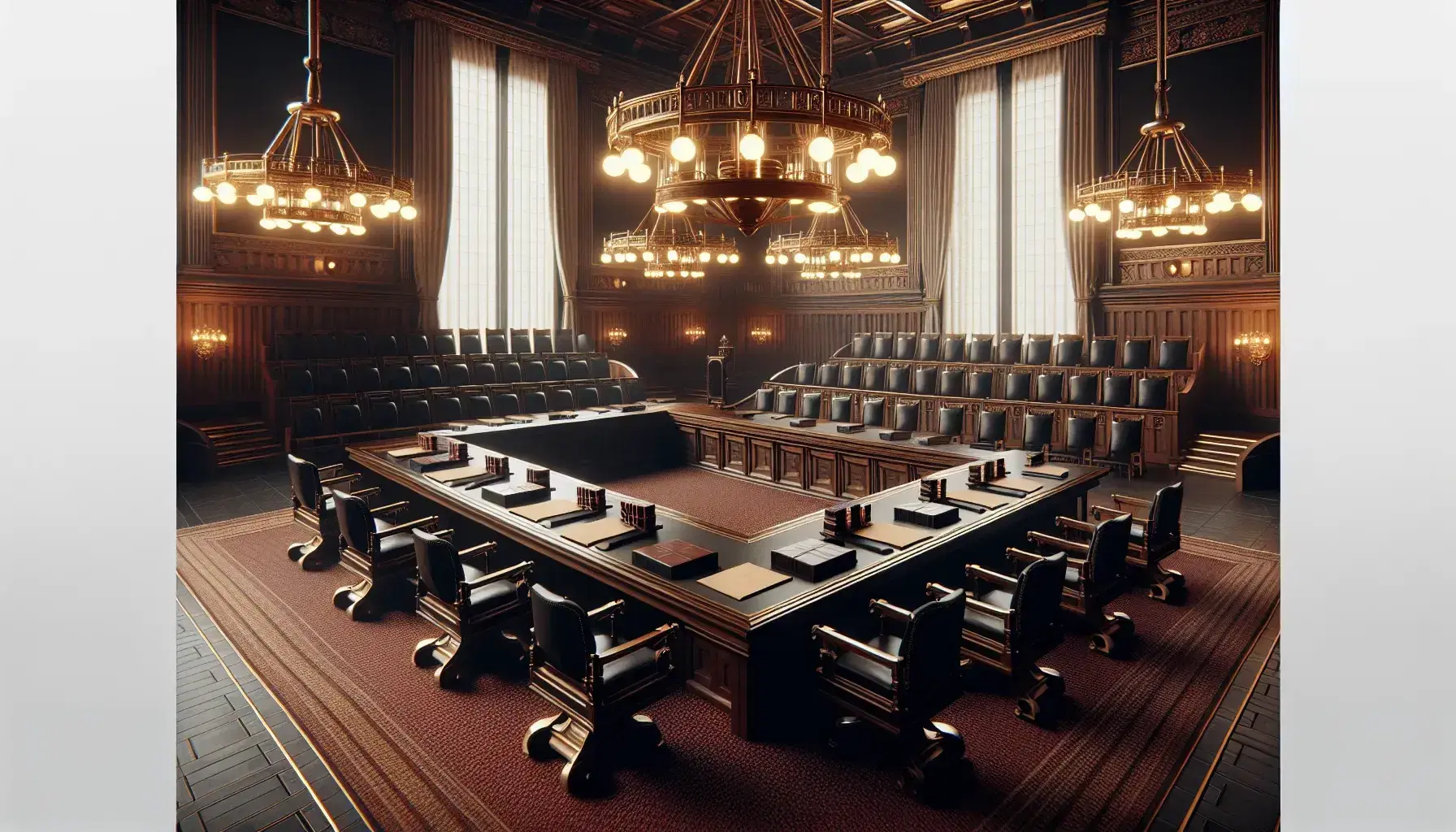 Sala de audiencias con paneles de madera oscura, sillas en semicírculo, mesa con documentos atados con cinta roja, figuras en togas y balanza de la justicia.
