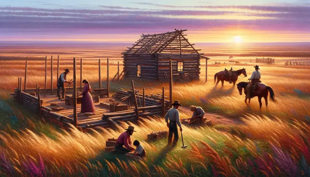 Sunrise over a prairie with a diverse family building a wooden cabin, children assisting, a grazing horse, and distant homesteads under a vibrant sky.