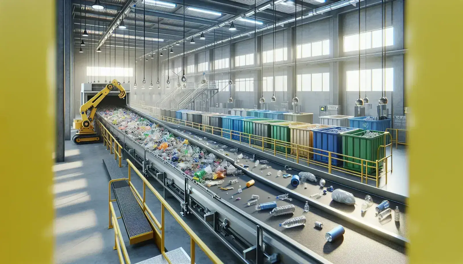 Impianto di riciclaggio moderno con nastro trasportatore, rifiuti separati, braccio meccanico giallo e contenitori colorati.