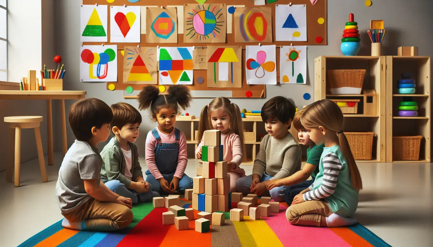Niños preescolares interactuando con bloques de construcción en una alfombra colorida, en un aula iluminada con dibujos infantiles y juguetes educativos.