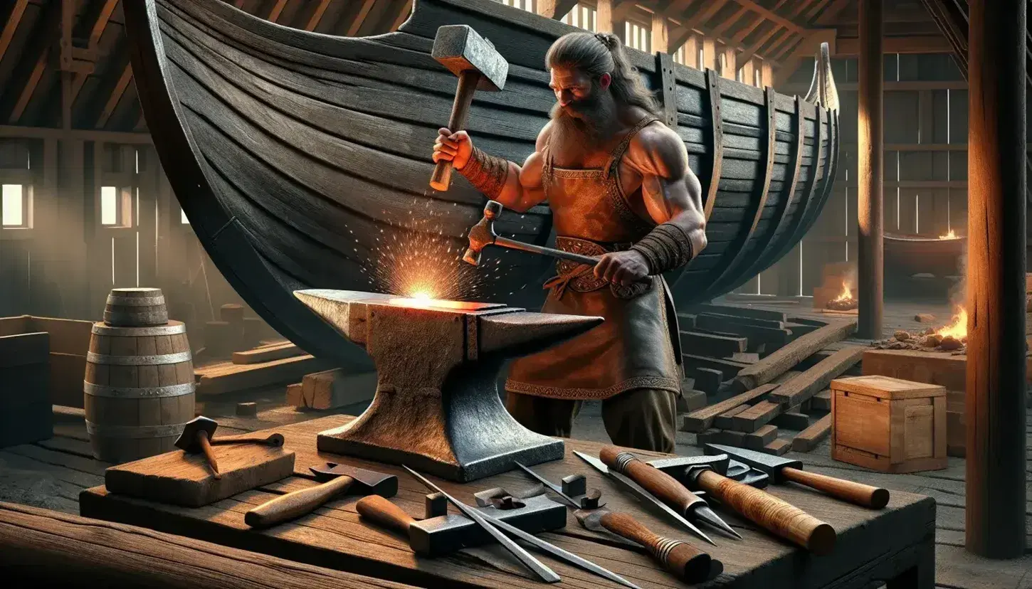 Viking blacksmith forges metal on an anvil, sparks flying, with woodworking tools on a table and craftsmen building a longship in a timber workshop.