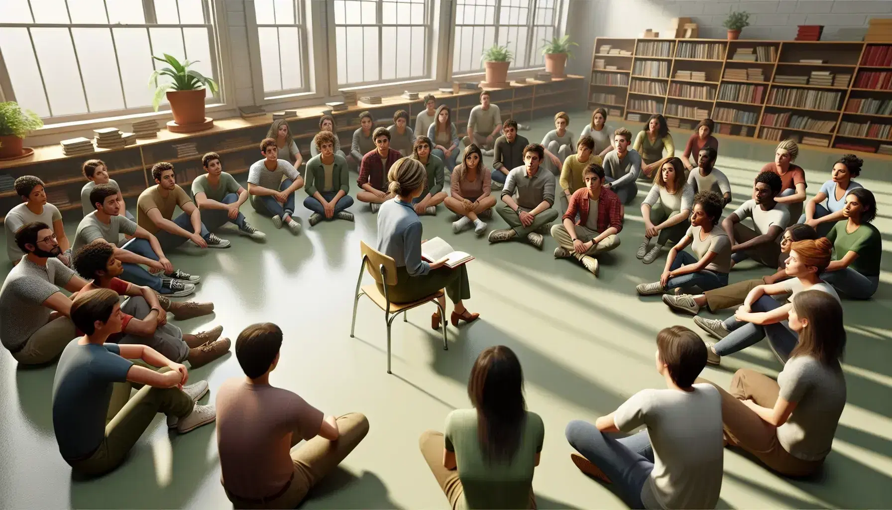 Grupo diverso de estudiantes atentos y maestra leyendo un libro en aula iluminada naturalmente con estantes de libros y plantas.