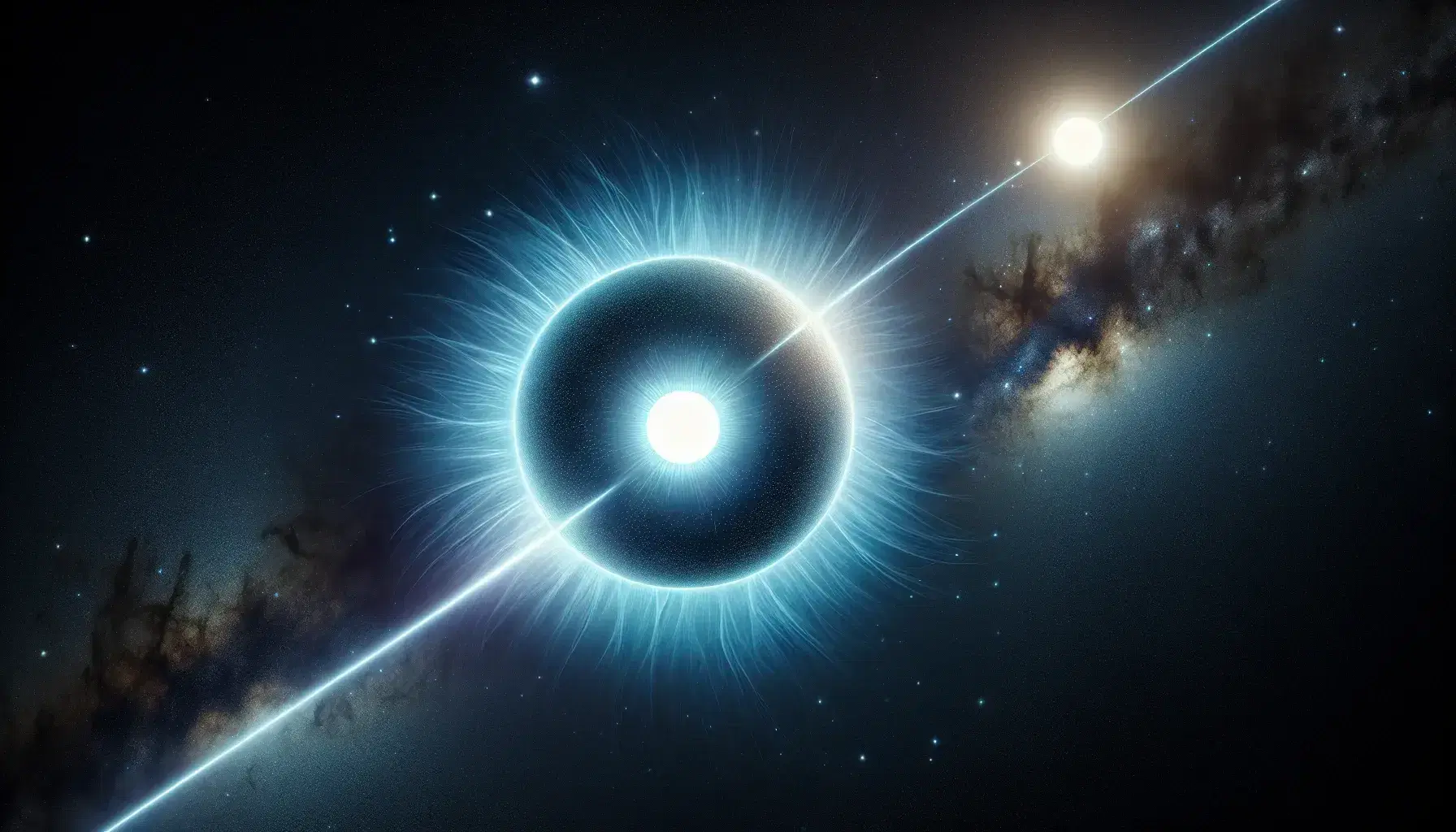 Blue-white neutron star with bright halo, pulsar jet and orange-yellow companion star with matter transfer into deep space.