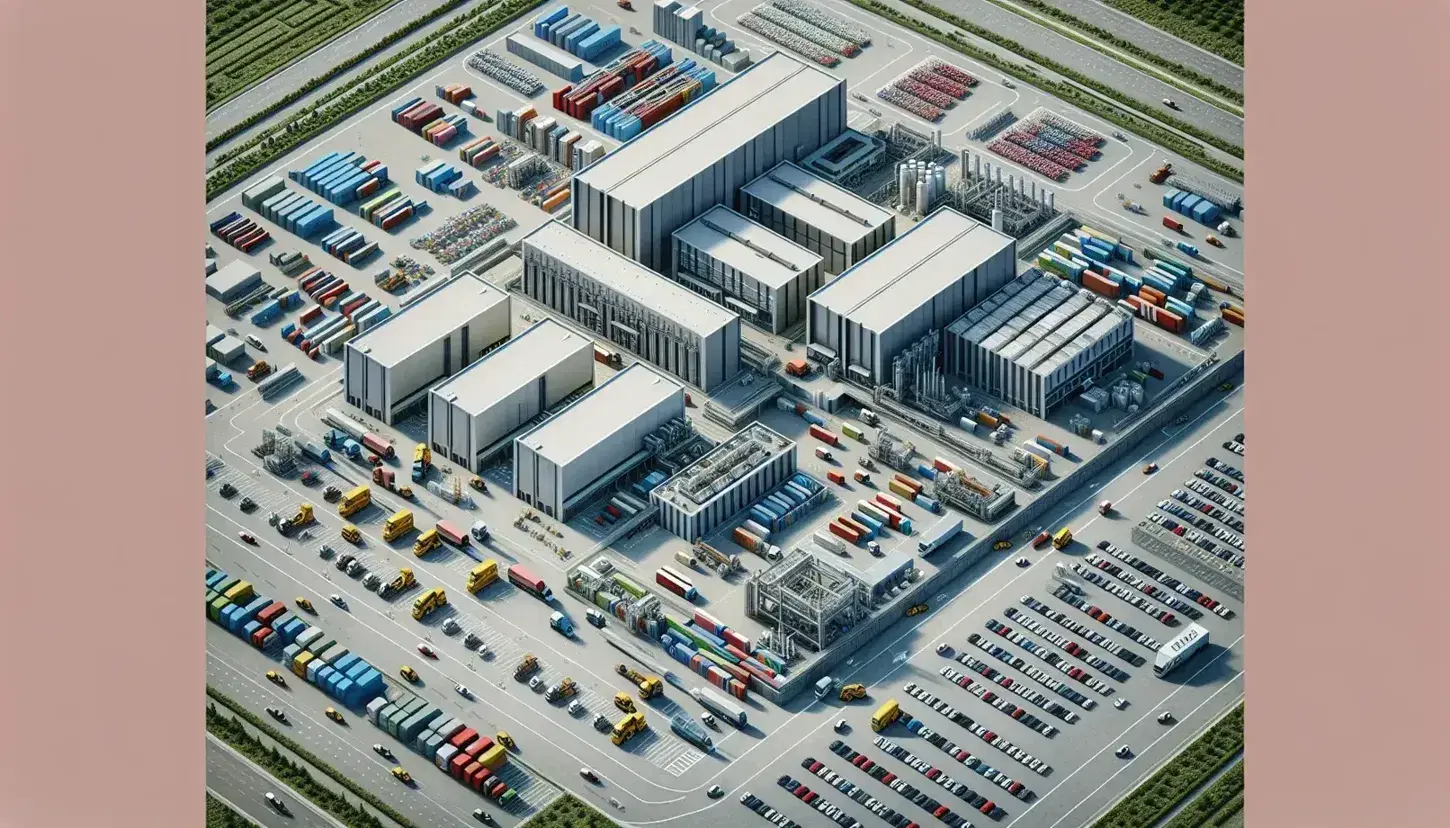 Vista aérea de complejo industrial con edificios rectangulares, camiones y apilamiento de contenedores coloridos en un día claro.