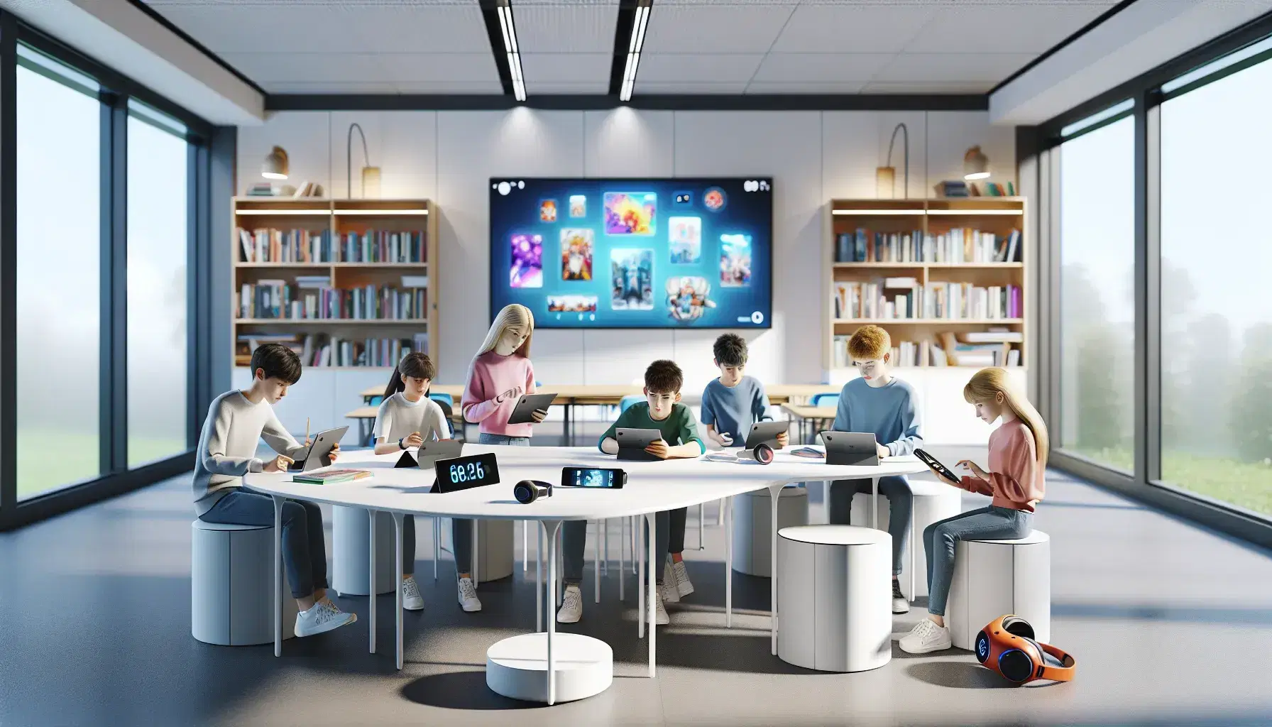 Aula moderna e luminosa con studenti dai 12 ai 16 anni che utilizzano dispositivi digitali, tra cui tablet, laptop e visore VR, vicino a una lavagna interattiva.