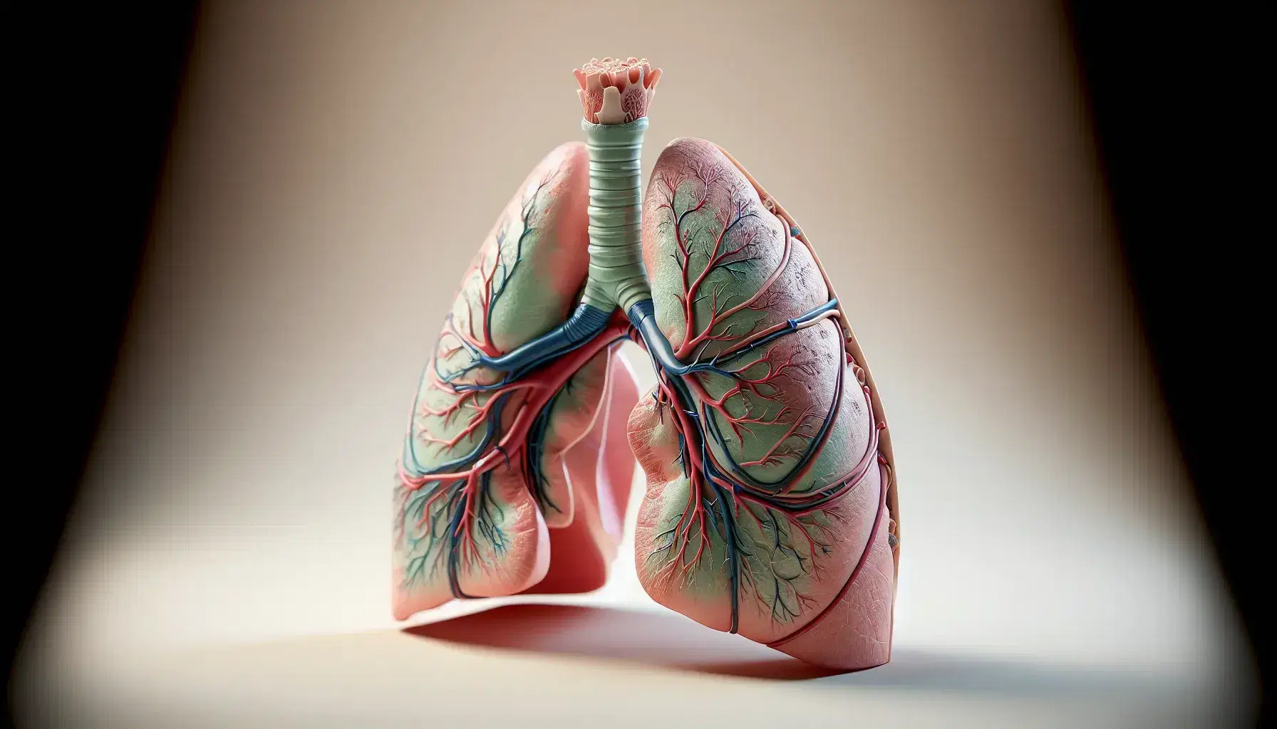 Modello anatomico tridimensionale di polmone umano con bronchi verdi, tessuto polmonare rosa e rosso, arterie blu e vene rosse scure, su sfondo neutro.