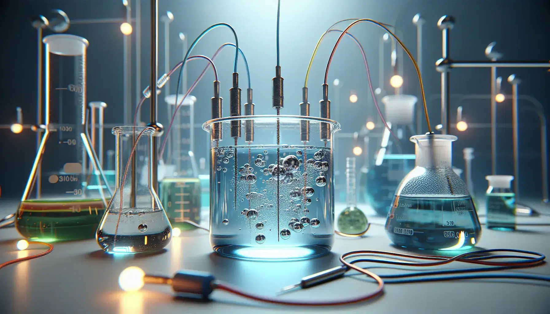 Celda electrolítica en laboratorio con líquido azul y electrodos generando burbujas, rodeada de matraces y un vaso con solución verde.