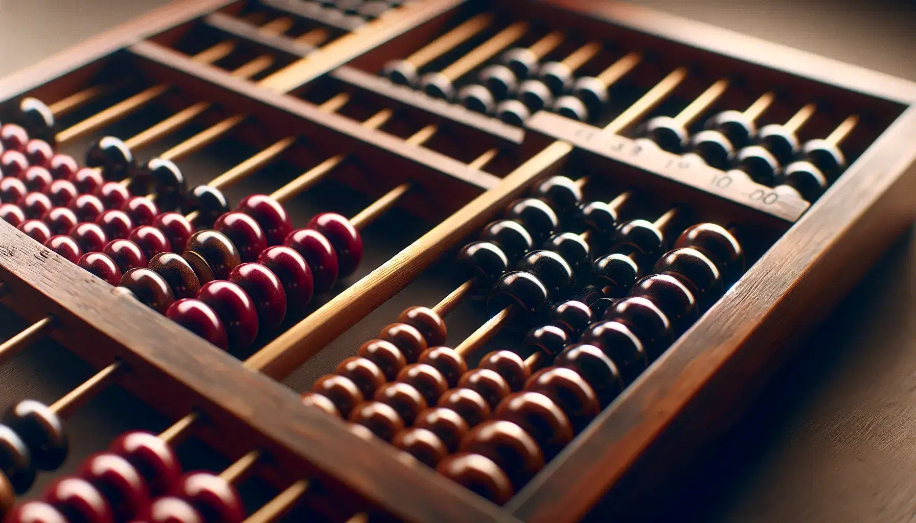 Closeup of an antique wooden abacus with red and black beads on brown rods, framed by dark wood with visible grain.