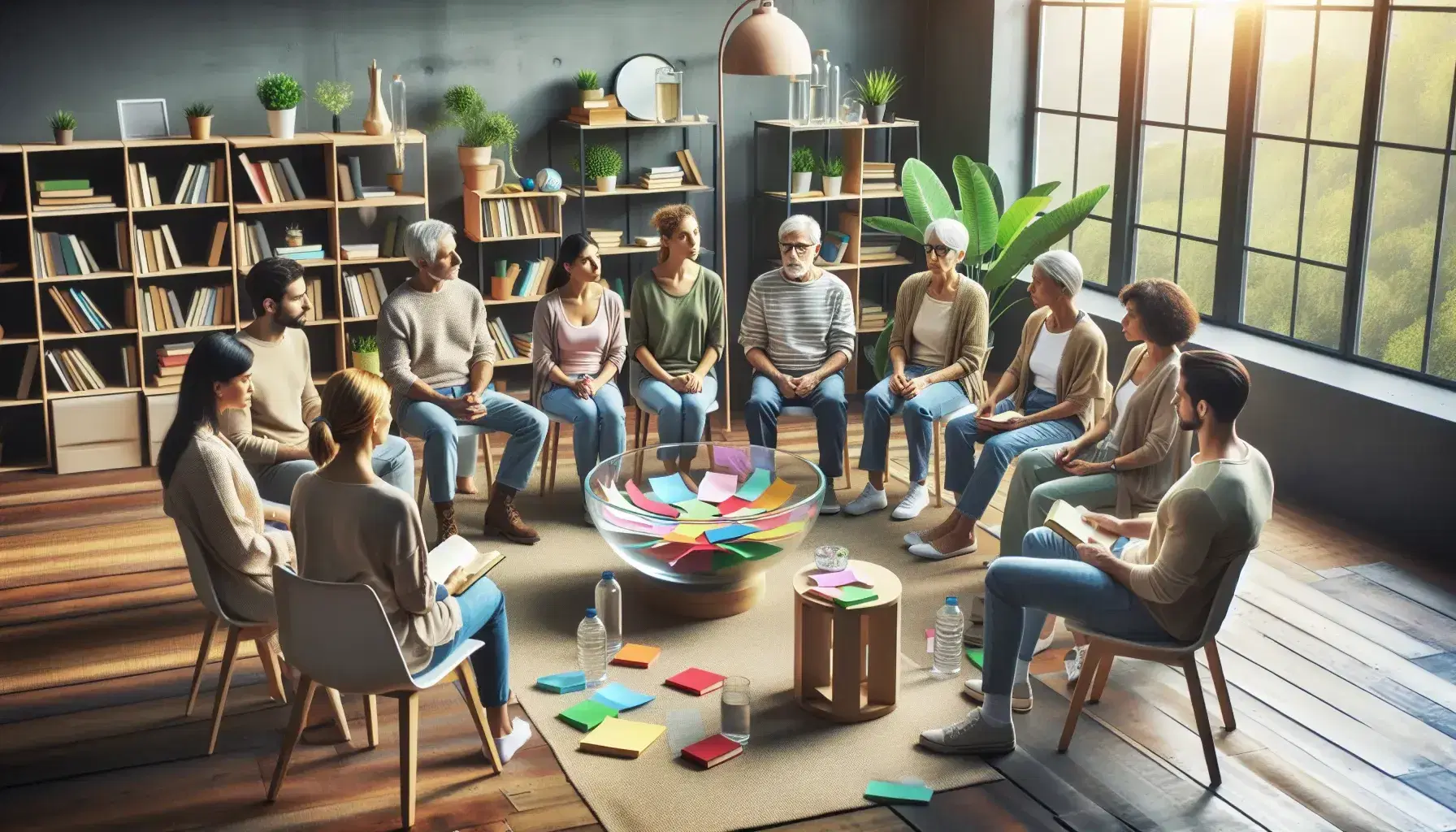 Multigenerational and multicultural group sitting in a circle for a meeting, with a colorful paper bowl in the center and a bookcase with green plant.
