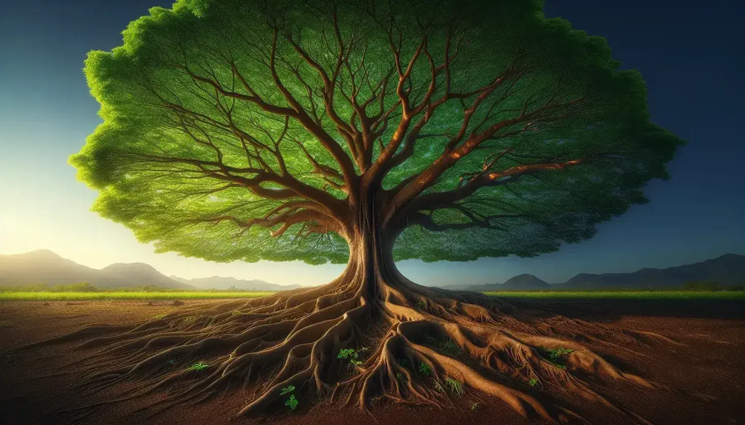 Árbol frondoso con raíces visibles y tronco robusto, hojas verdes intensas bajo un cielo azul claro, reflejando la conexión con la tierra y el crecimiento natural.