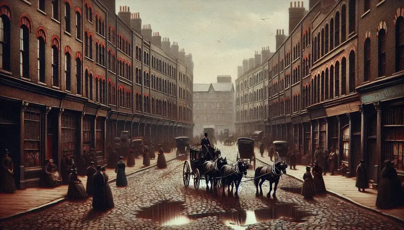 Victorian Whitechapel street scene with cobblestone roads, horse-drawn carriages, and pedestrians in period attire under an overcast sky.