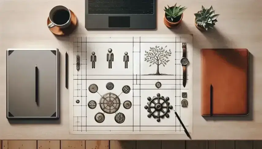 Scrivania in legno chiaro con foglio diviso in quadranti, pianta, orologio, ingranaggio, figure umane in legno, tavoletta grafica, laptop e tazza di caffè.