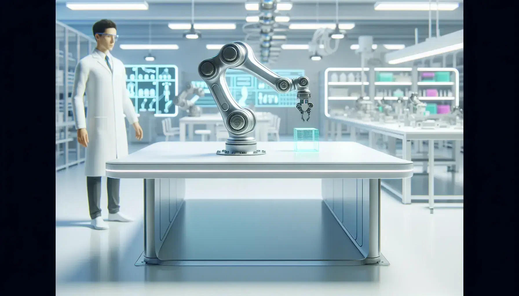 Laboratorio tecnológico moderno con brazo robótico articulado manipulando un objeto cúbico verde claro, y un investigador observando el proceso.