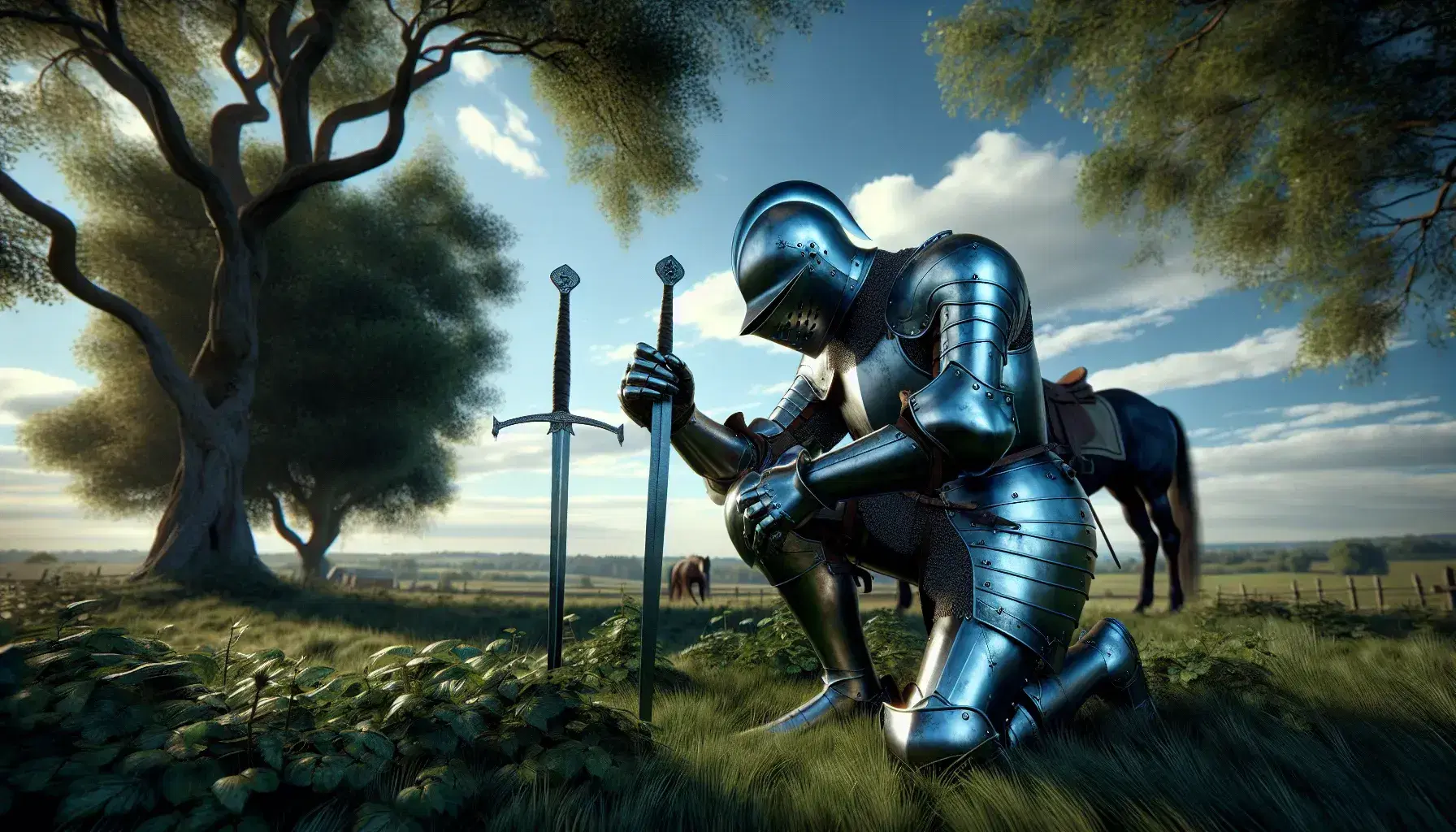 Cavaliere medievale in armatura completa inginocchiato su prato, con spada conficcata nel terreno e cavallo da guerra sullo sfondo.