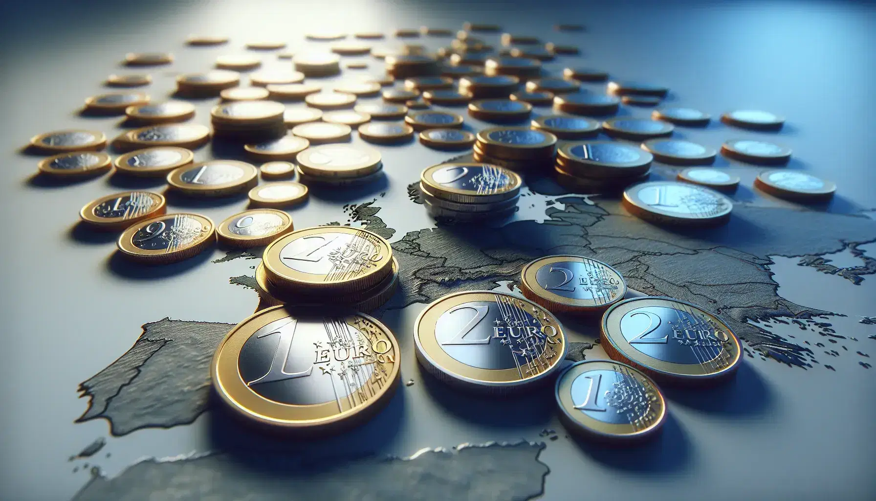 Monete Euro di varie dimensioni e valori disposte casualmente su superficie liscia grigia con sfondo sfumato di mappa d'Europa.