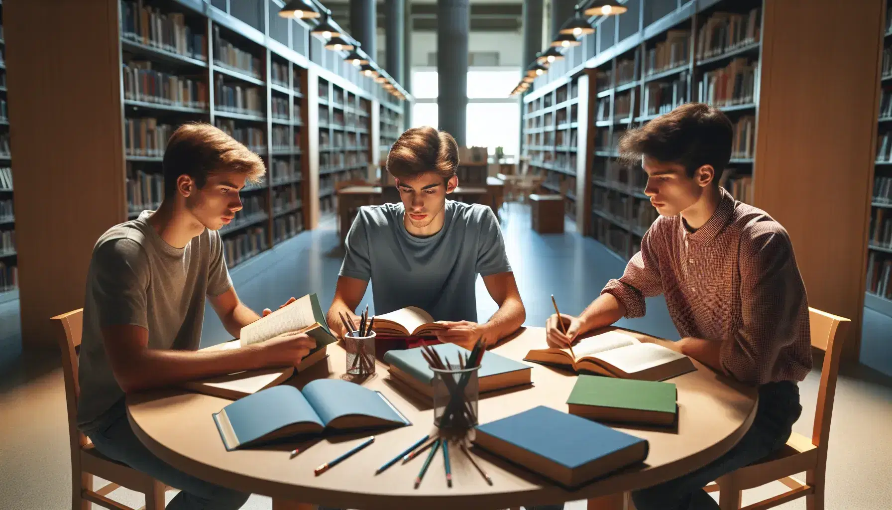 Tres jóvenes estudian y discuten libros en una biblioteca, sentados alrededor de una mesa redonda con lápices y cuadernos, rodeados de estanterías con libros.