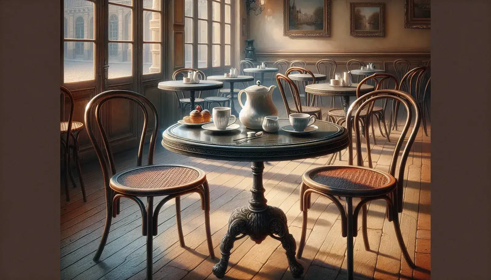 Traditional French café scene with wrought iron bistro table, two chairs, empty glass cups, and a ceramic creamer, bathed in natural light from a window.