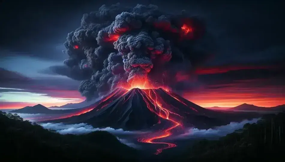 Eruzione vulcanica con colata di lava incandescente e fumo grigio contro cielo al tramonto, senza presenza umana.