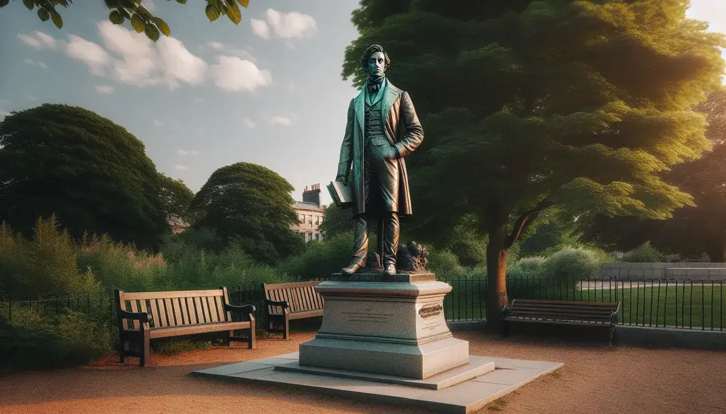 Estatua de bronce de hombre pensativo del siglo XIX con libro en mano, sobre pedestal de piedra en parque soleado con banco de madera.