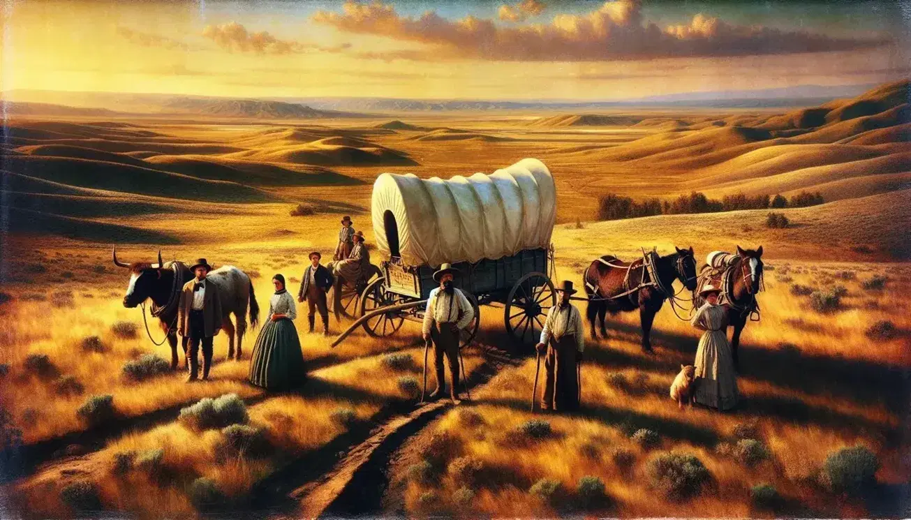 Late 19th-century American West landscape with settlers beside a canvas-covered wagon, oxen, and a backdrop of rolling prairies and distant mountains.
