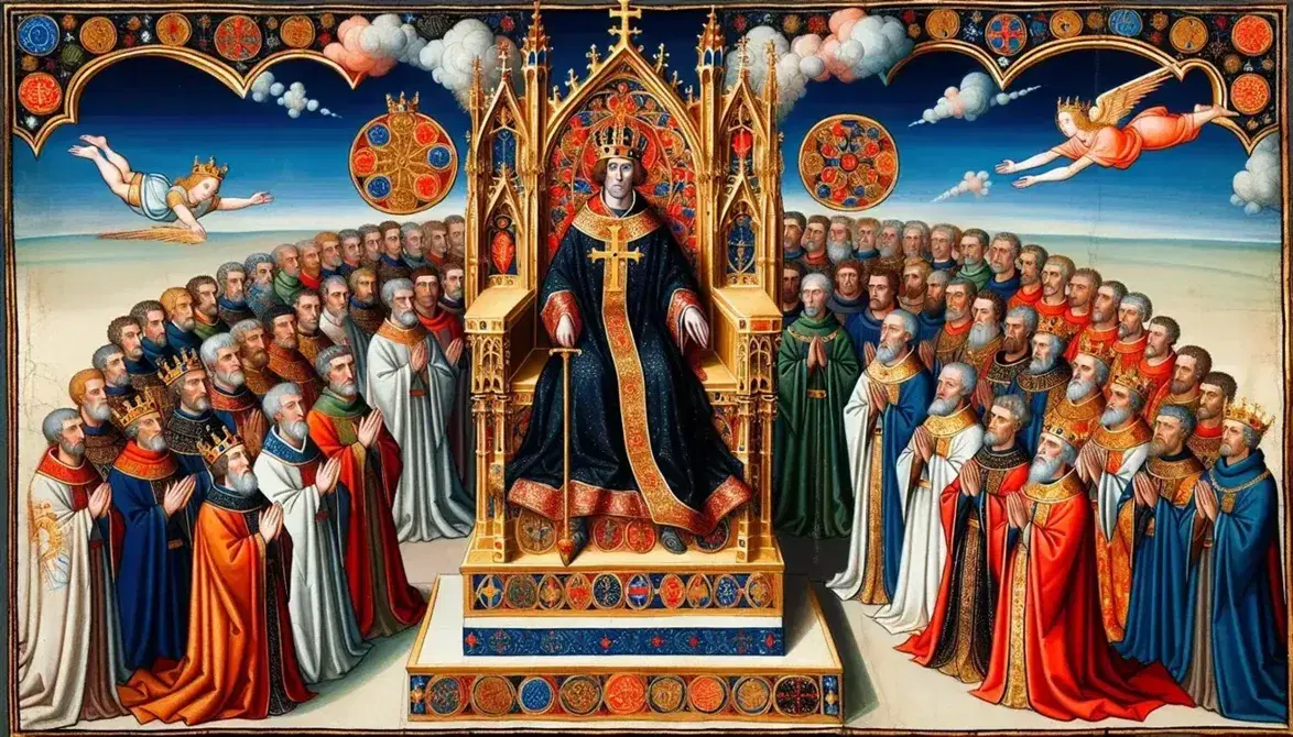 Coronazione di Carlo Magno in miniatura medievale con re su trono dorato, scettro e sfera regale, circondato da figure in preghiera sotto benedizione divina.