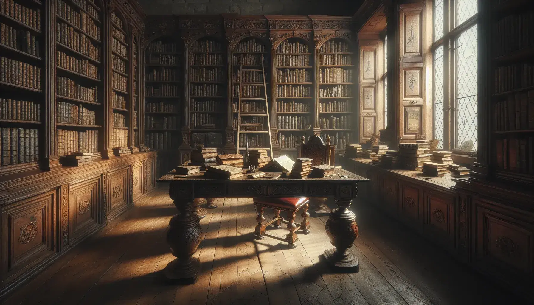 Biblioteca antigua con mesa de madera oscura y libros antiguos, estantería repleta, escalera, ventana que ilumina y cuadro de paisaje.