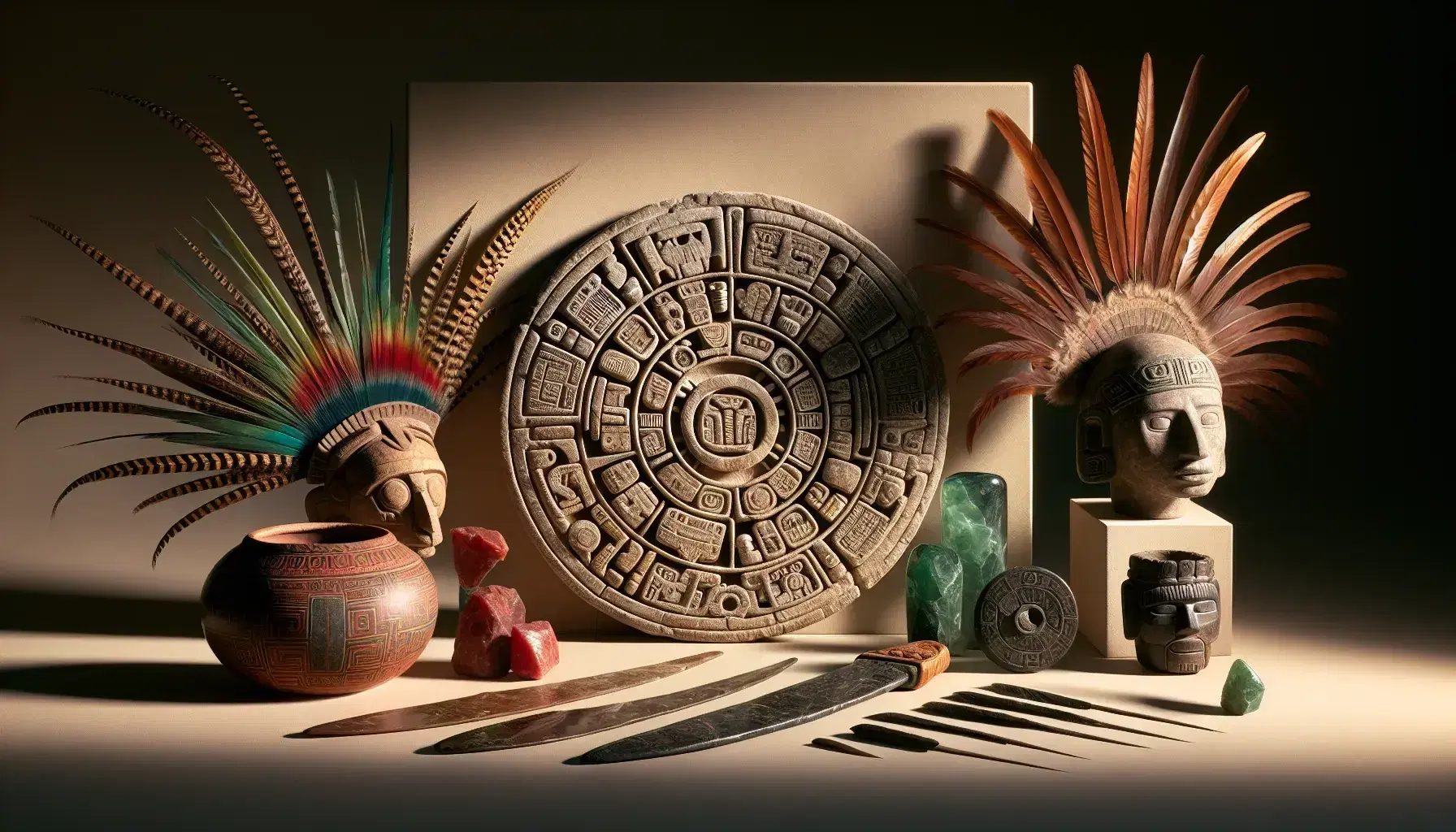 Collection of authentic Mesoamerican artifacts featuring Aztec stone calendar, red terracotta vase, jade figurine, feathered headdress and obsidian blades.