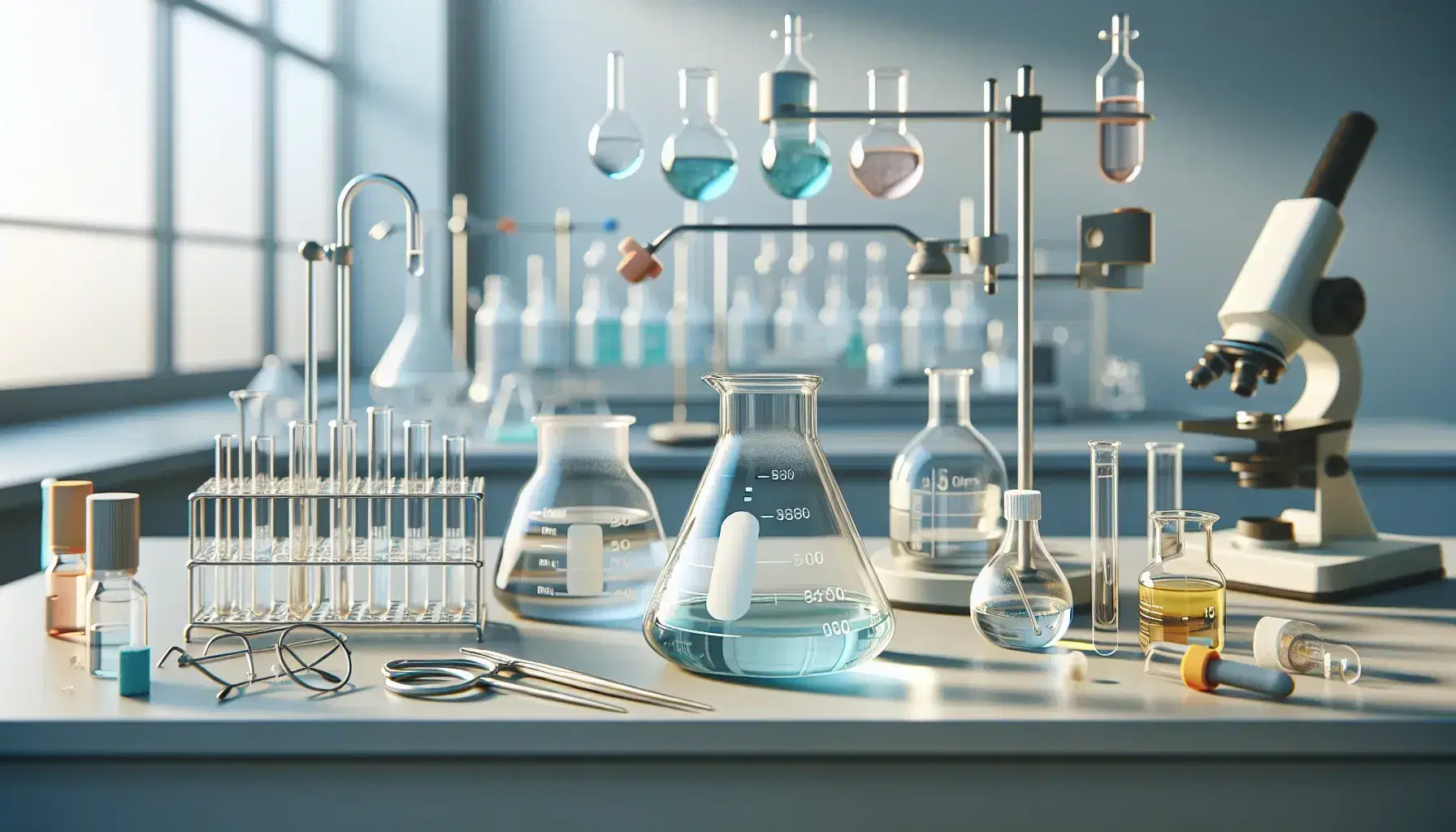 Laboratorio de química con matraces y tubos de ensayo conteniendo líquidos de colores, guantes y gafas de seguridad en una mesa iluminada.