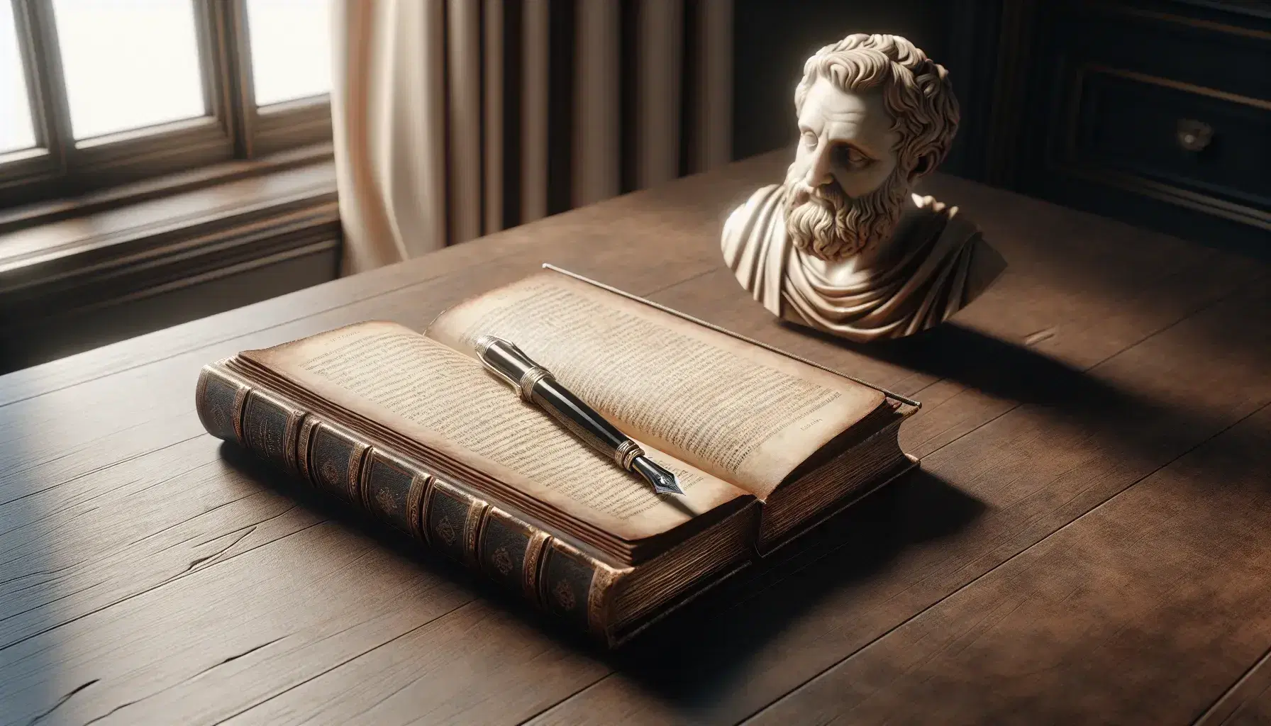 Scrivania in legno scuro con libro antico aperto, penna stilografica nera e statuetta marmorea di filosofo, illuminati da luce naturale.