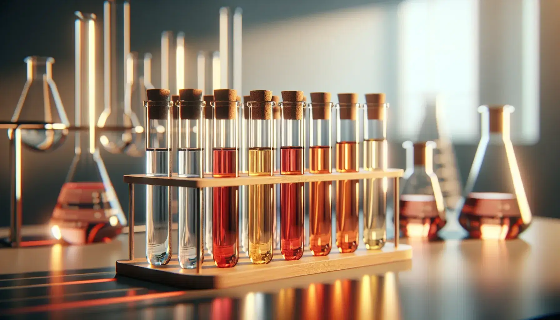 Provette in vetro con tappi di sughero e liquidi colorati da giallo a rosso su supporto in legno in laboratorio chimico.