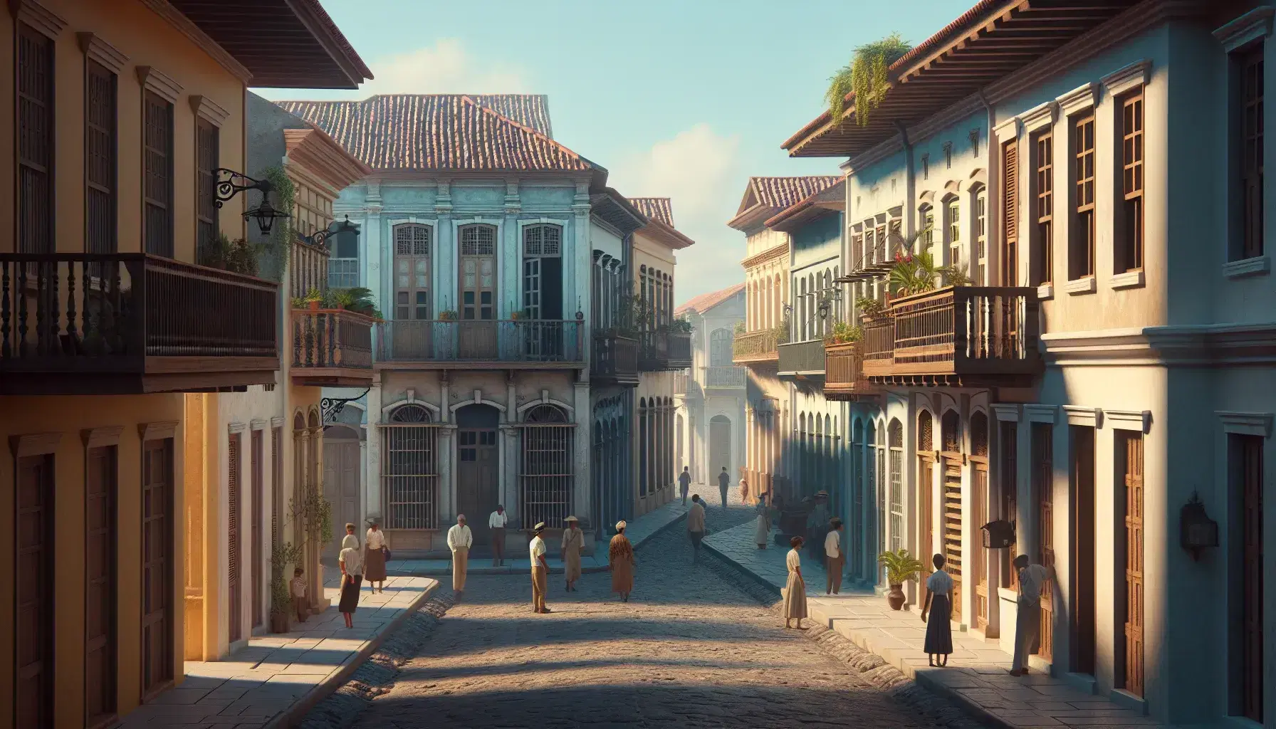 Calle empedrada con edificios coloniales de colores pastel, balcones de madera y farol antiguo, bajo un cielo azul despejado.