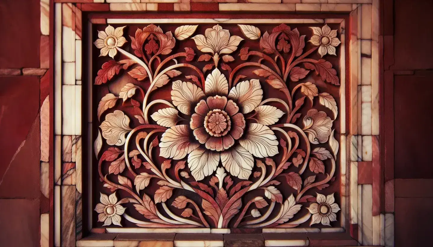 Mughal-era monument wall featuring intricate red sandstone and marble inlay with symmetrical floral patterns and polished vines.