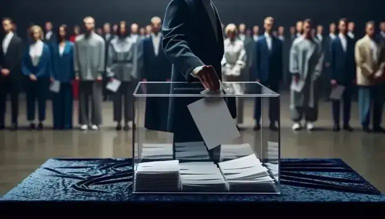 Urna trasparente con schede elettorali bianche e mano che inserisce una scheda, persone sfocate in attesa di votare sullo sfondo.