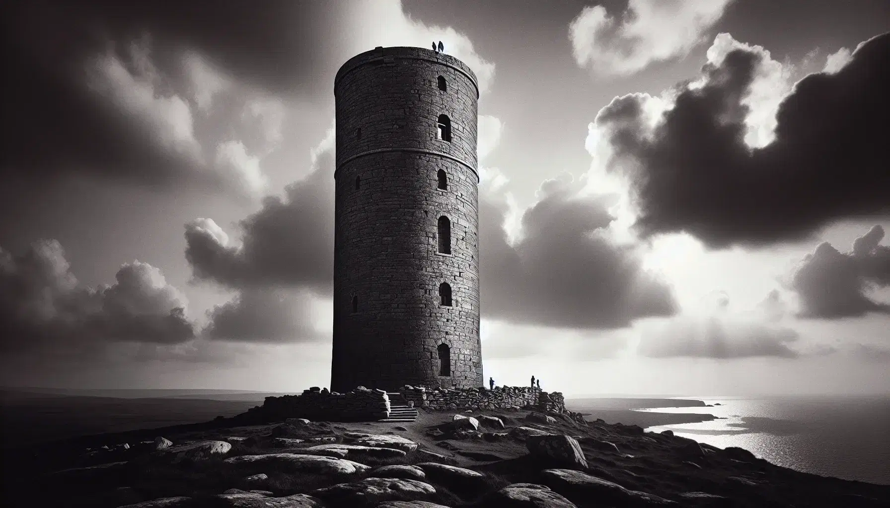 Torre cilindrica antica su scogliera con scale a chiocciola esterne e due figure in cima, mare agitato e cielo nuvoloso in lontananza.